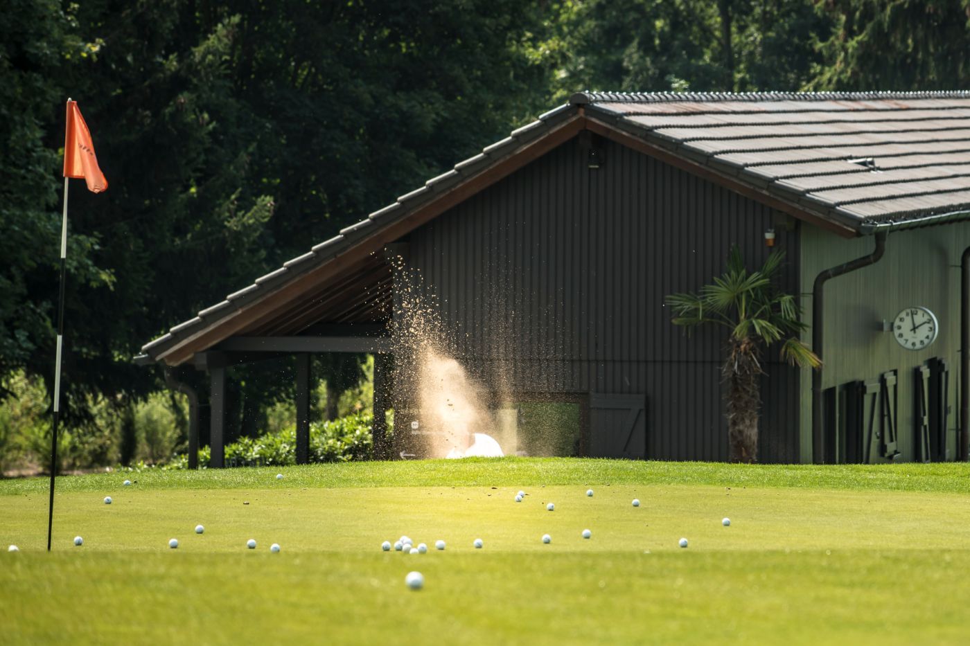 golf practice facilities with a lot of golf balls on the fairway at sunshine