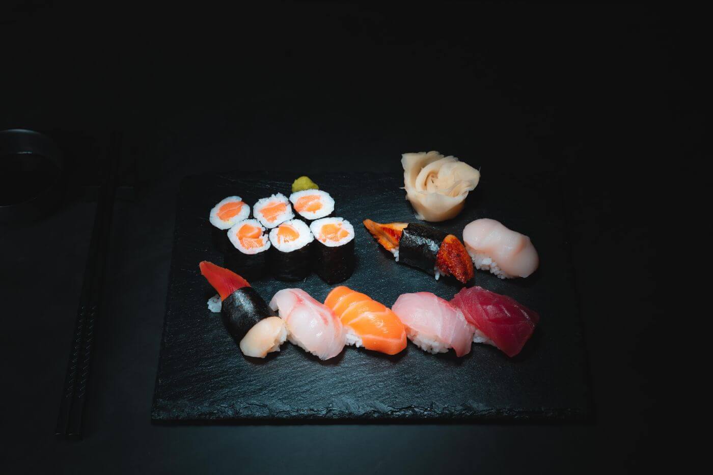 various sorts of sushi on a slate plate in Donaueschingen